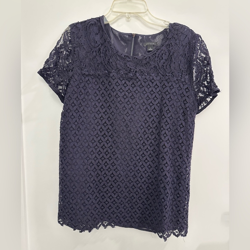 Ann Taylor Blue Lace Short Sleeve Blouse